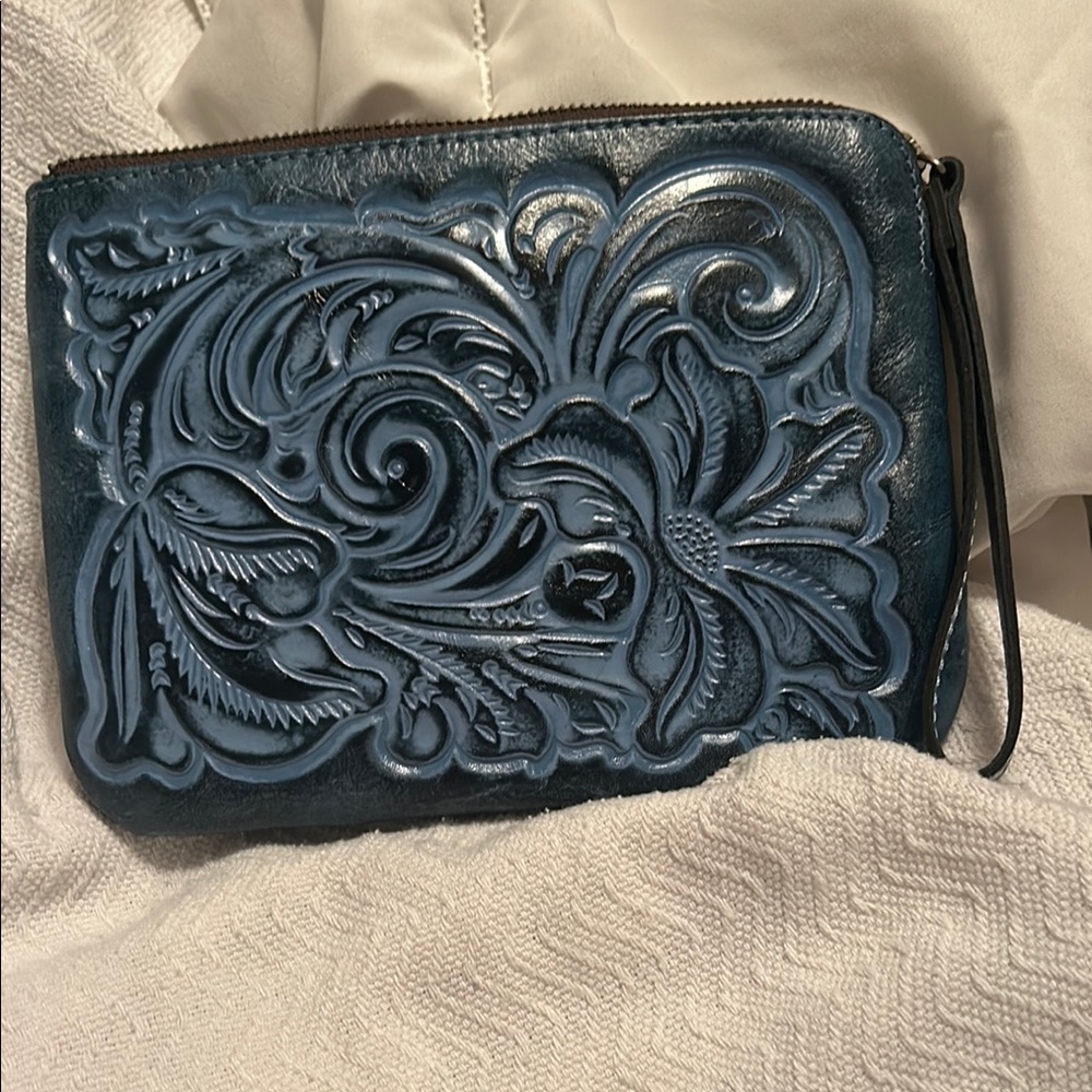 Patricia Nash Embossed Blue Leather Clutch- like new